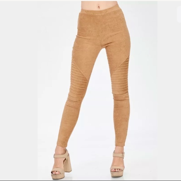 Beige Faux Suede Moto Stretch Casual Leggings - Picture 5 of 8